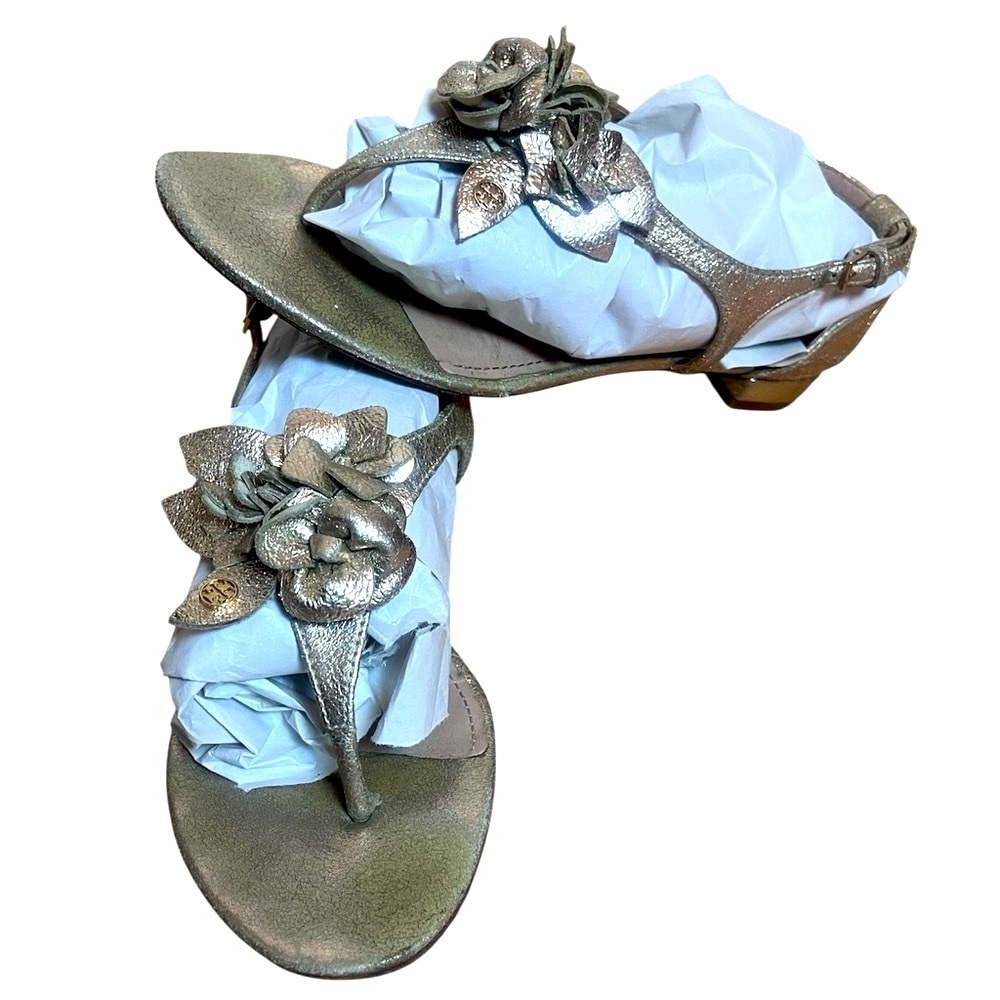 Tory Burch Gold Floral Flower Flip Flop Metallic Leather Sandals Sz.8 - Picture 6 of 8